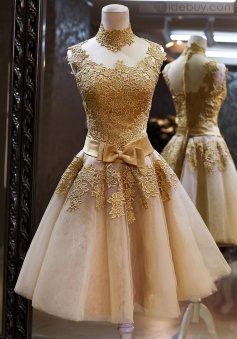 Gorgeous Sparkly High Neck Gold Lace Prom/Homecoming Dresses With Bow Belt