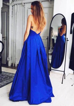 Sexy Spaghetti Strap V Neck A-line Pleated Low Back Long Satin Prom/Evening Dress