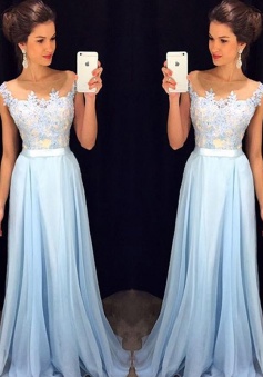 Applique A-Line Sleeveless Sheer Neck Chiffon Prom/Evening Dresses