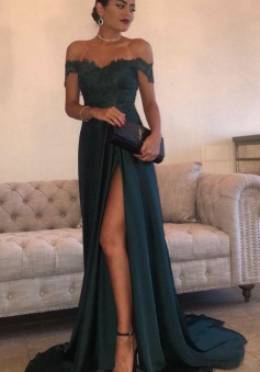 Floor-Length Sexy Prom Dresses Off-the-Shoulder High Side Split Dark Green Lace Elegant Long Prom Dress