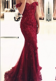 Glamorous Off-the-shoulder Appliques Mermaid Lace Prom Dress Red Evening Dress