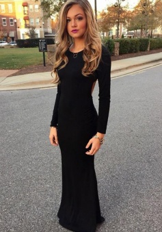 Floor Length Sexy Open Back Scoop Neck Satin  Long Sleeve Black Prom Dress