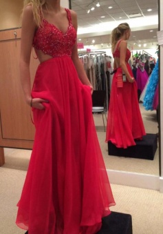 Spaghetti Strap Backless Red Chiffon Prom Dress with Beading