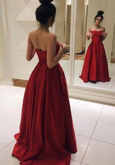 Simple Elegant Red Satin Long Prom Dress