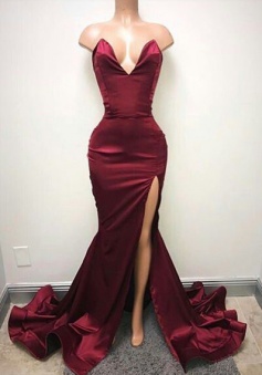Sexy V Neck Sleeveless Sweep-Train Long Prom Dress with Front-Split