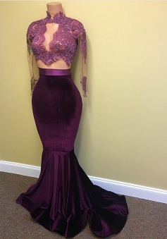 Sexy High-Neck Lace-Appliques Long-Sleeve 2018 Prom Dress