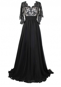 Empire Half Sleeve A-line V-neck Chiffon Prom Dress Long Mother Dress