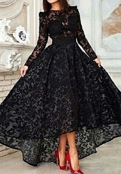 Vintage Asymmetrical Long Sleeve Black Ball Gown High Low Lace Prom/Evening Dress