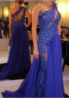Beauty One-Shoulder Appliques Beaded Prom Dress Sexy Evening Dress