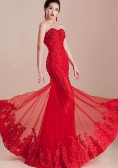 Appliques Sweetheart Long Mermaid Beading Lace Prom Dress