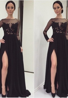 Appliques Sexy Long Sleeves Black Front Split Lace Prom/Evening Dress