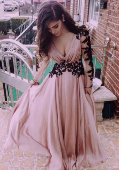 Long Sleeve Deep V Neck Dusty Pink Prom Dress