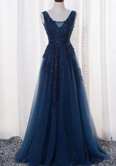 A Line Navy Blue Open Back Lace Prom Dress Formal Evening Dress