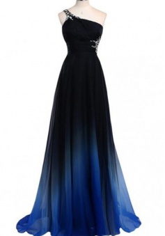 A-line One Shoulder Sweep Train Beading Long Evening Prom Dress