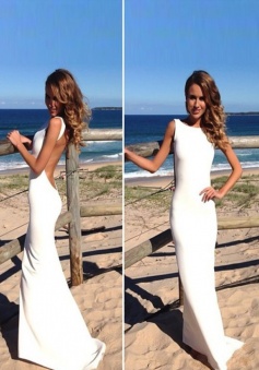 Pretty Long Simple Jewel Sleeveless Bell Bat Backless Satin Prom Dress