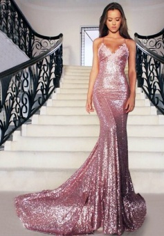 Sexy Spaghetti Straps Sleeveless Open Back Sequins Prom Dresses 2018