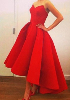 Strapless High Low Sweetheart Red Satin Prom Dress with Ruffles