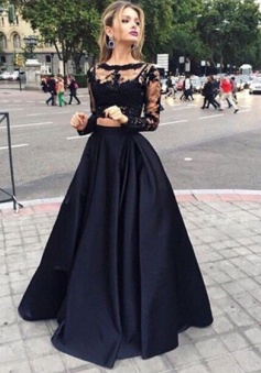 Long sleeves Two Pieces Black Prom/Evening Dress