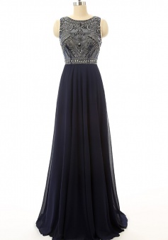 Sexy Navy Blue Beaded Chiffon Long Prom Dress