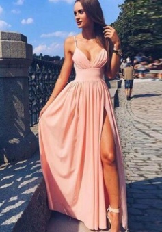 Simple Spaghetti Strap V Neck Pink Prom Dress Long Evening Dress