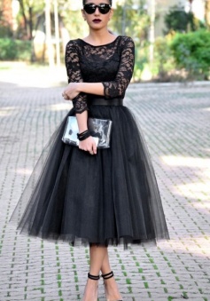 Sexy Vintage Scoop Tea-Length 3/4 Length Sleeves Black Short Lace Prom Dress