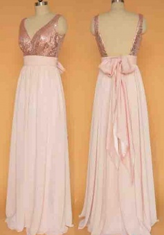 Beauty Rose Gold Chiffon A-line Sequin Bodice Long Prom Dress