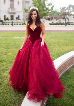 Elegant Burgundy Strapless Tulle Sexy Long Prom Dress