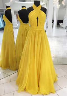 Sexy High Neck Backless Tulle Yellow Prom Dress Formal Evening Dress