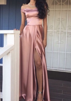 Off the shoulder Elegant A-Line Pink Front Slit Sexy Long Prom Dress