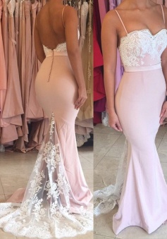 Mermaid Straps Pink Lace Train Long Prom Dress Bridesmaid Dress