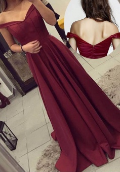 Simple Off the shoulder Sweep Train Satin Burgundy Long Prom/Formal Dress