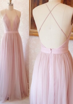 Floor Length A-line V Neck Cross Back Pink Tulle Prom Dress