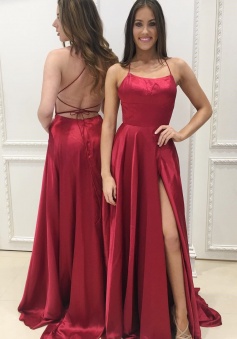 Gorgeous Sleeveless Straps Red Criss Back Backless Stain Prom Dress with Slit