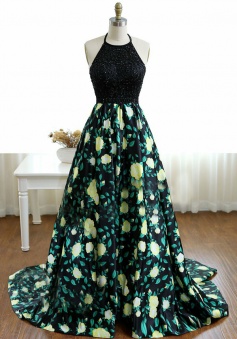 Elegant Halter Sweep Train A-Line Beading Black Printed Satin Prom/Evening Dress