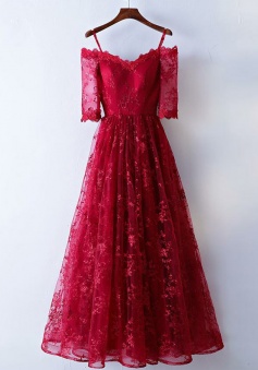 Elegant Off-the-Shoulder Floor-Length Half Sleeves Dark Red A-Line Lace Prom Dress