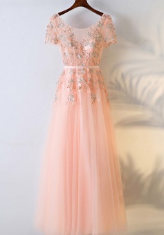 Floor-Length  Appliques A-Line Crew Short Sleeves Chiffon Prom/Bridesmaid Dress