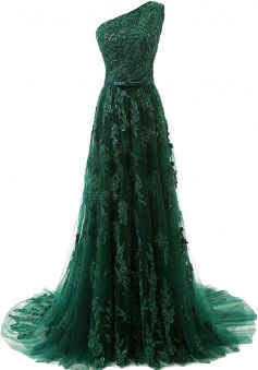 One-Shoulder Dark Green Sweep Train Beading Mermaid Prom Dress