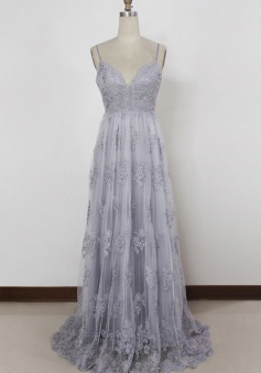 Spaghetti Straps A Line Backless Lavender  Sweep Train Long Prom Dress