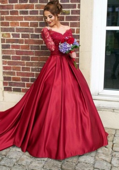 Off-the-Shouler Long Sleeves Buttons Mermaid Sweep Train Burgundy Satin Prom/Evening Dress