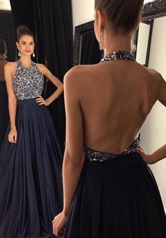 Navy Blue A-line Halter Sleeveless Sweep Train Long Beading Prom Dress