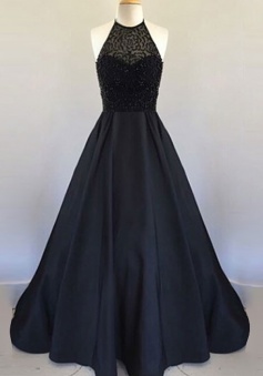 Sexy Halter Floor Length Beading Pleated Stain Black Prom Dress