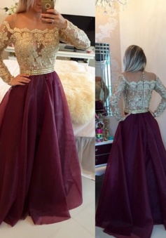 Sexy Gold Illusion Lace Beaded Burgundy A-line Long Sleeves Evening Gowns