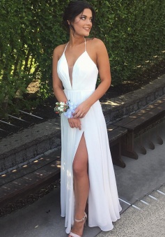 Simple A-line Halter Split White Backless Prom Dress