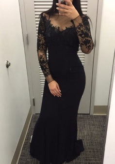 Long Sleeves Sweep Train Black Lace Beading Evening Dress