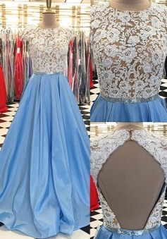 Cap Sleeves Jewel Open Back Sweep Train Lace Beading Blue Evening Dress