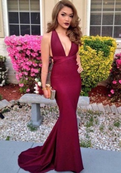 Burgundy Mermaid Sleeveless Sweep Train V-neck Backless Evening Dress