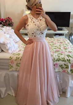 Modern A-line Crew Floor length Chiffon Prom Dress With Lace Pearls