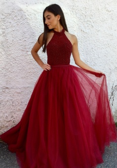 Sexy Halter Dark Red Beading Long Tulle Baackless Evening Dress