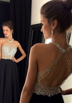 Sexy Open Back A-line Beaded Black Chiffon Evening Dress