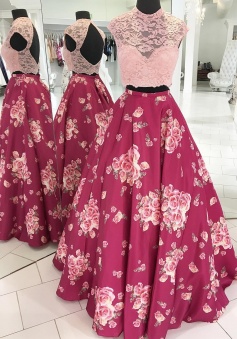 Beauty A Line Two Piece Pink Floral Long Evening Dress